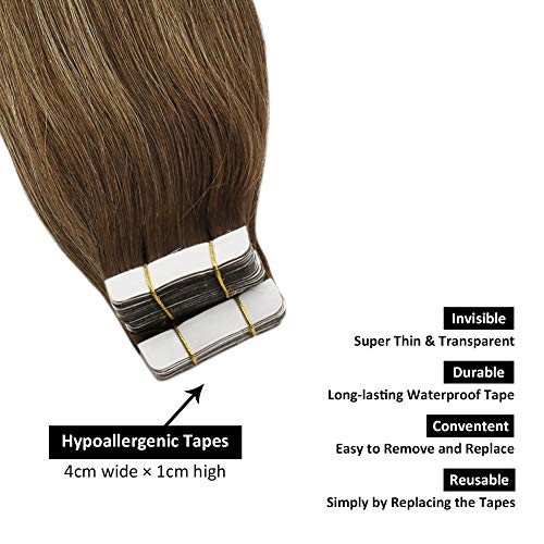 Ugeat Tape in Hair Extensions Human Hair #4/27/4 Balayage Marrón y Rubio 14 Pulgadas Extensiones de Pelo con Cinta Invisible 50 Gramos