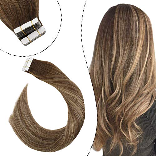 Ugeat Tape in Hair Extensions Human Hair #4/27/4 Balayage Marrón y Rubio 14 Pulgadas Extensiones de Pelo con Cinta Invisible 50 Gramos