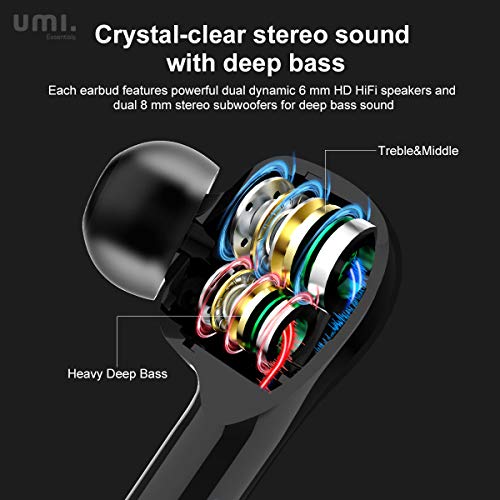 Umi by Amazon Auriculares inalámbricos Bluetooth 5.0 con Hybrid Drivers Quad Umibuds Altavoces de grafeno duales dinámicos Auriculares Bluetooth inalambricos estéreo IPX7 Resistentes al Agua (Negro)