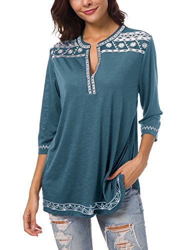 Urban GoCo Mujer Camisas Manga 3/4 Boho Blusa Bordado T-Shirt Tops (X-Large, Azul Tinta)