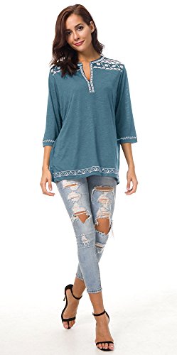 Urban GoCo Mujer Camisas Manga 3/4 Boho Blusa Bordado T-Shirt Tops (X-Large, Azul Tinta)