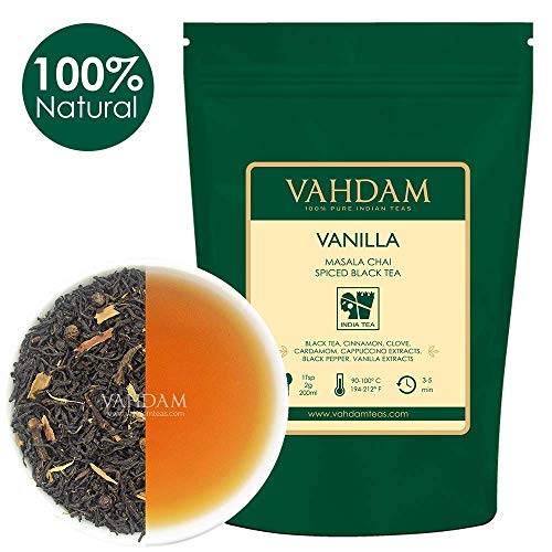 VAHDAM, Masala Chai con sabor a vainilla | 200 gramos (100 tazas) | ALIVIO Y RESTAURACIÓN DE ESTRÉS | Masala Chai Tea | Deliciosa mezcla de té de vainilla | Té de chai con especias hojas sueltas