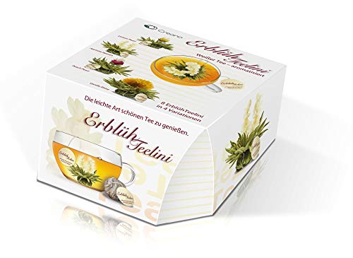 Variación de flores de té “Té Floreciente Teelini” de Creano, en un exclusivo formato para tazas / 8 flores de té en 4 variaciones diferentes (té blanco)