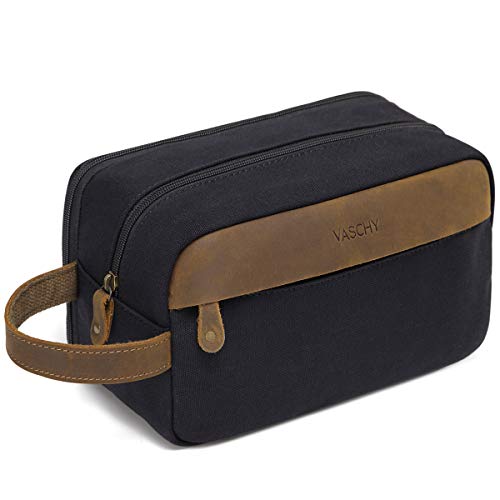 VASCHY Bolsa de Aseo, Bolso de Tocador Hombre Neceseres para Maquillaje Cuero Lona Bolsa de Cosméticos Impermeable Bolsa de Lavado Viaje con Múltiples Bolsillos Negro