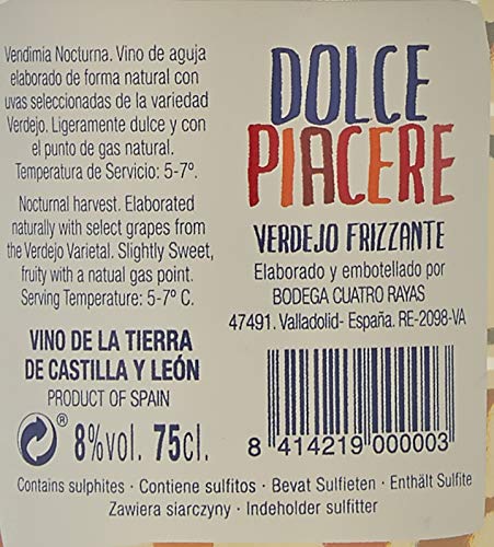 Vino Blanco Dolce Piacere Frizzante, Pack de 6 Botellas de 750 ml (Total: 4.5 L) Bodega Cuatro Rayas