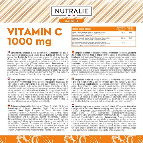 Vitamina C 1000 mg Pura Vegana por dosis | Para Cansancio y Fatiga, Sistema Inmunológico y Antioxidante con Escaramujo y Bioflavonoides sin Aditivos | 180 Cápsulas Veganas Nutralie