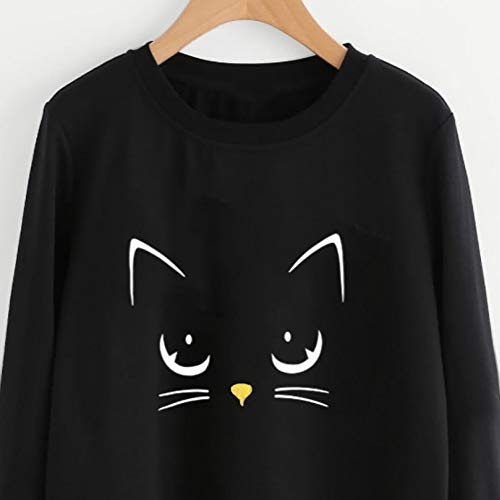 VJGOAL Mujeres Moda Casual Otoño e Invierno Lindo Gato impresión Suéter de Cuello Redondo de Manga Larga Color sólido Blusa Jersey(2XL，Negro