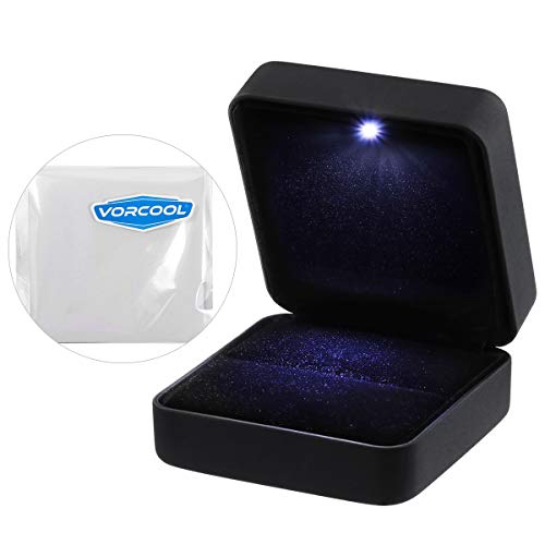 VORCOOL Pendientes de Cuero de PU, Monedas, Joyas, Caja de Anillo, Estuche, con LED Iluminado para propuesta, Compromiso, Boda, Regalo (Negro)