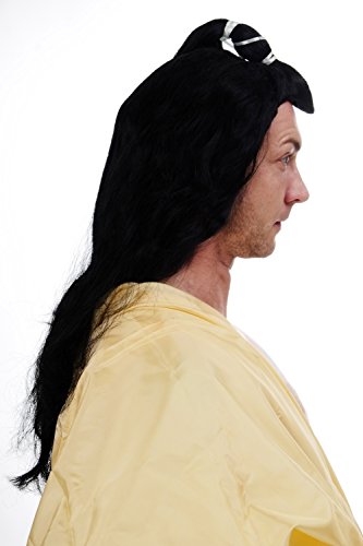 WIG ME UP- 140-PP103 Peluca Hombres Carnaval China Japón Kungfu espadachín Samurai Ronin Wang Yu Trenza de Pelo Largo Negro