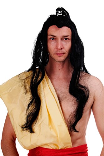 WIG ME UP- 140-PP103 Peluca Hombres Carnaval China Japón Kungfu espadachín Samurai Ronin Wang Yu Trenza de Pelo Largo Negro