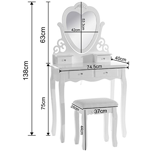 WOLTU Tocador con Espejo y Taburete 4 Cajones MDF y Madera de Pino Macizo Blanco 74.5 x 138 x 40 cm MB6025cm