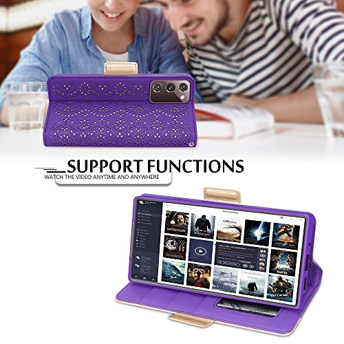 WWW - Funda para Samsung Galaxy Note 20, diseño romántico de flores talladas de piel, con espejo interior y función atril para Samsung Galaxy Note 20 de 17 cm 2020, color morado