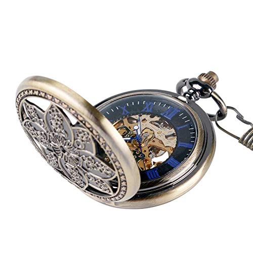 WYZQ Colgante de Reloj Creativo, Vintage Lotus Hollow Reloj de Bolsillo mecánico automático de Viento Manual para Hombre Relojes con Esfera esquelética