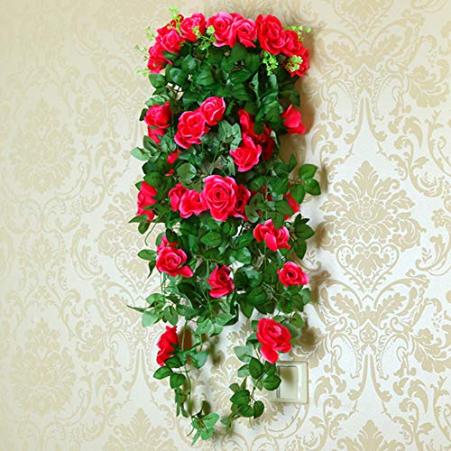 XONOR 2 Unidades Artificiales Plantas Colgantes - Falsas Flores de Seda Rosa Colgando Guirnalda de ratán Hiedra para la Fiesta de Bodas jardín decoración de la Pared (Rojo, 2)