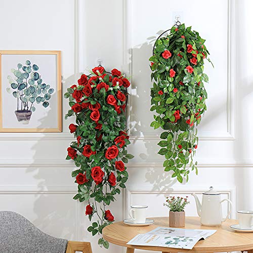 XONOR 2 Unidades Artificiales Plantas Colgantes - Falsas Flores de Seda Rosa Colgando Guirnalda de ratán Hiedra para la Fiesta de Bodas jardín decoración de la Pared (Rojo, 2)