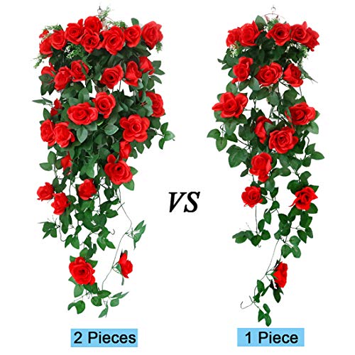 XONOR 2 Unidades Artificiales Plantas Colgantes - Falsas Flores de Seda Rosa Colgando Guirnalda de ratán Hiedra para la Fiesta de Bodas jardín decoración de la Pared (Rojo, 2)