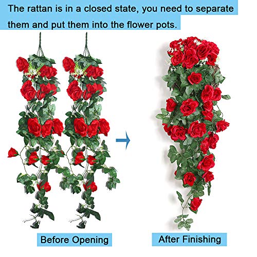 XONOR 2 Unidades Artificiales Plantas Colgantes - Falsas Flores de Seda Rosa Colgando Guirnalda de ratán Hiedra para la Fiesta de Bodas jardín decoración de la Pared (Rojo, 2)