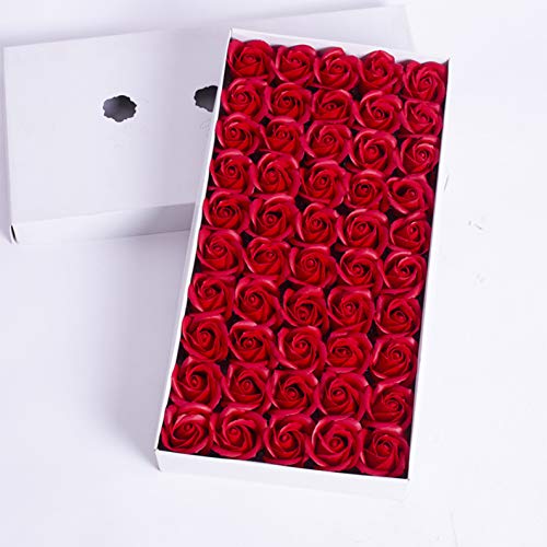 XuanMax 50pcs Rosas Pétalo Flores de Jabón en Caja Bouquet de Flores Artificiales Jabón de Flores de Perfumada Baño Cuerpo Regalo para Boda Decoración San Valentín Día de la Madre - Rojo