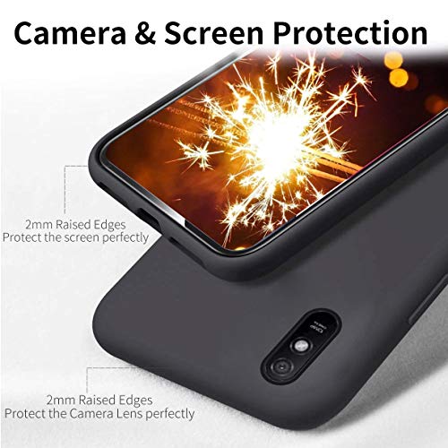 YiKaDa - Funda para Xiaomi Redmi 9A + [2 Unidades] Cristal Templado Protector de Pantalla, Cáscara Suave de Silicona TPU Líquida Funda Forro de Gamuza de Microfibra Suave Cojín - Negro