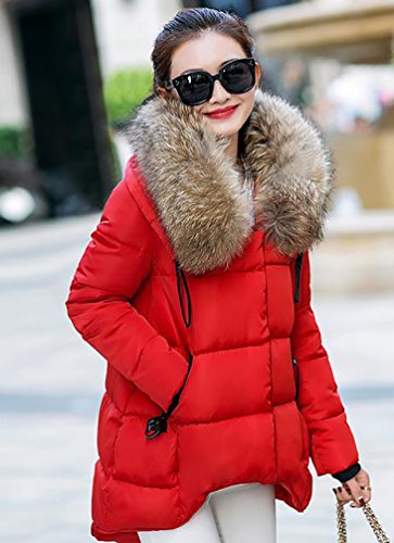 YOUJIA Mujer Casual Espesar Cálido Invierno Abrigo Acolchado Chaquetas con Capucha de Piel Sintética (Rojo, M)