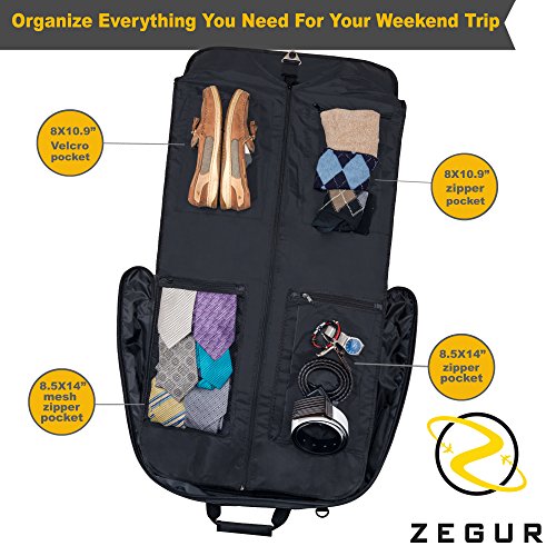 ZEGUR Funda para Ropa para 3 Trajes o Vestidos Ideal como Equipaje de Mano – Maletín de Viaje de Ocio o de Negocios de 1 m – Bolsa con Compartimentos y con Correa para el Hombro Ajustable – Negro