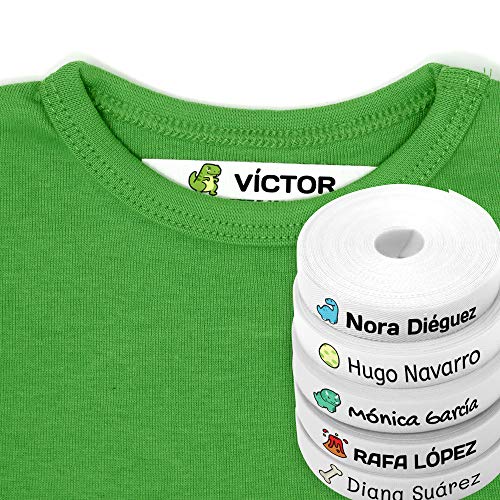 100 Etiquetas Personalizadas para ropa con Icono en Color a seleccionar. Tela Blanca. Mod. Dinosaurio