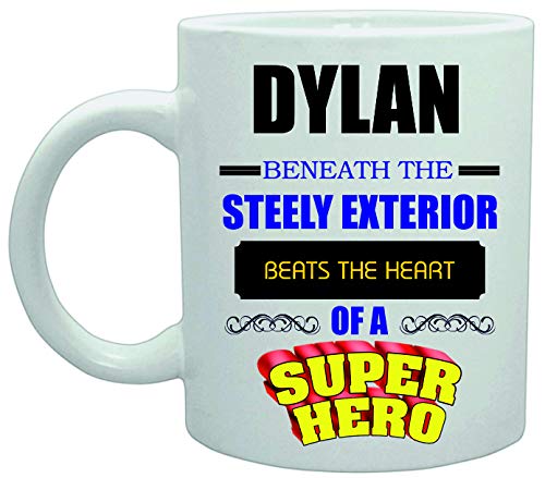 10626 Dylan - Taza, diseño con texto en inglés "Beats The Heart of a Super Hero"