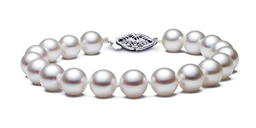 14 K oro blanco Hanadama calidad blanco japonés de la pulsera de la perla de Akoya cultivada, 17,78 cm