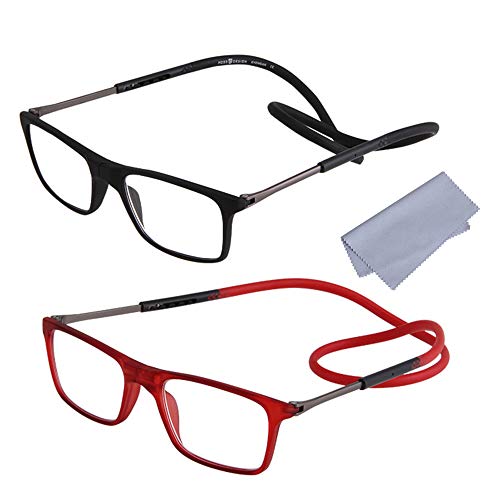 2-Pack Gafas de Lectura Magnéticas Plegables para Hombre y Mujer +2.50(60-64 años) Presbicia Vista Montura Regulable Colgar del Cuello y Cierre con Imán, Negro + Rojo