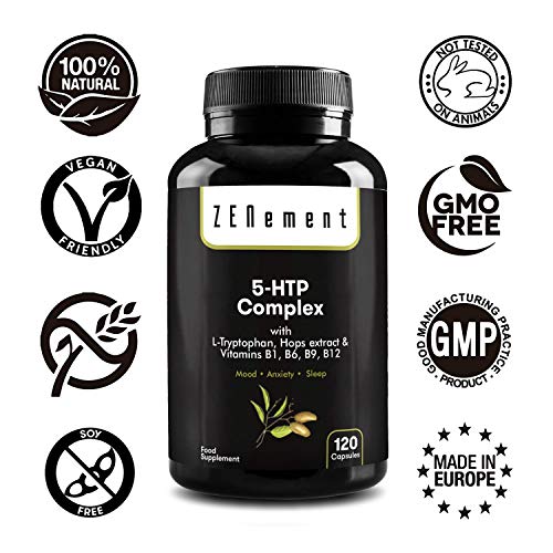 5-HTP Complex con L-triptófano, extracto de Lúpulo y vitaminas B1, B6, B9, B12, 120 Cápsulas, para el estado de ánimo, el sueño, el dolor, la ansiedad y la obesidad, No GMO, 100% Natural