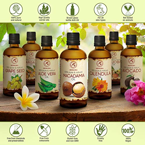 Aceite de Macadamia 100ml - Macadamia Integrifolia - Suráfrica - 100% Puro y Natural - Botella de Vidrio - Cuidado Intensivo para el Rostro - Cuerpo - Cabello - Piel - Masaje - Cosmético