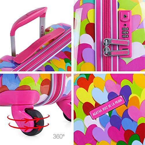 AGATHA RUIZ DE LA PRADA - Juego Maleta Cabina y Neceser 2 pzs, Maleta Pequeña 20"(55x40x20 cm), ABS, Rígidas, Resistentes y Duraderas, 4 Ruedas, Cómodas y Ligeras, Candado Combinación 13, Color Fucsia