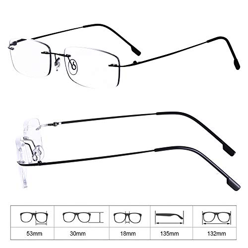 AMILLET Gafas de lectura sin montura de titanio para lectores de hombres y mujeres Gafas sin marco con bisagra de resorte Gafas de empresa de negocios, Paquete de estuche para gafas +1.50