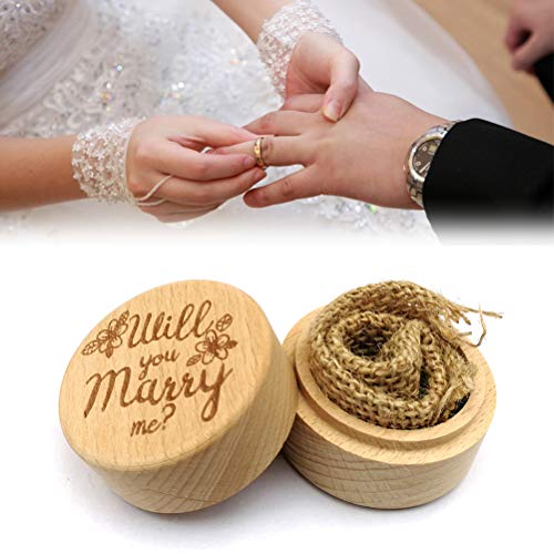 Amosfun Caja de Anillo Redonda de Madera propuesta de Compromiso Decorativo Caja de joyería Favor de Anillo Portador contenedor Caso (Will You Marry Me)