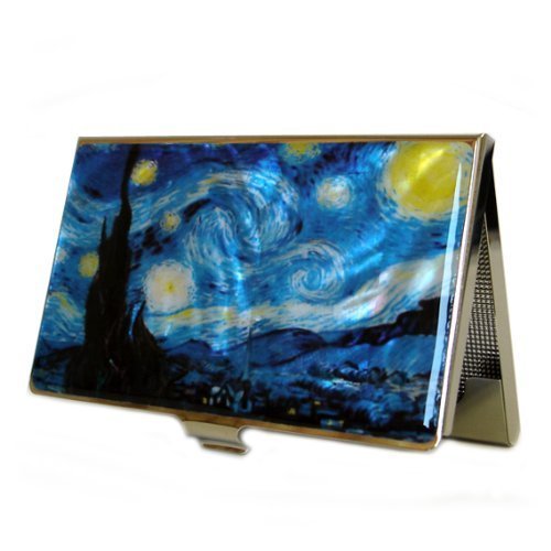 Antique Alive card case Tarjetero de Acero Inoxidable Grabado, diseño de Noche Estrellada de Van Gogh de Madreperla, Estrecho