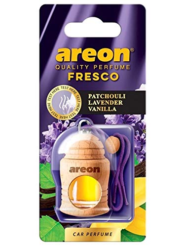 AREON Ambientador Perfume Fresco 4 ML - Pachuli, Lavanda, Aroma a Vainilla - Difusor de Botellas Colgante con Cubierta de Madera Natural, Larga duración, Juego de 3