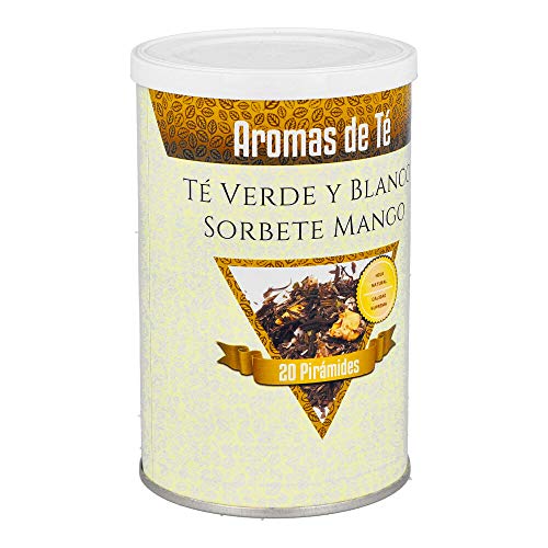 Aromas de Té - Té Verde Sencha y Blanco Pai Mu Tan Sorbete de Mango en Bolsitas con Trozos de Mango, Trozos de Coco y Capullos de Rosas, 20 Pirámides