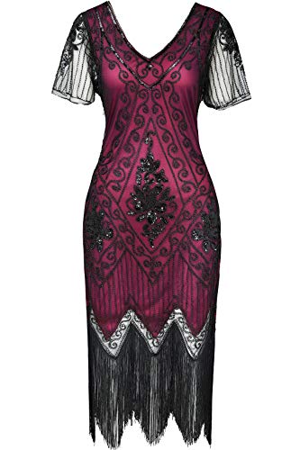 ArtiDeco - Vestido de mujer estilo años 20 con mangas cortas, disfraz de Gatsby para fiestas temáticas rojo/negro XXL