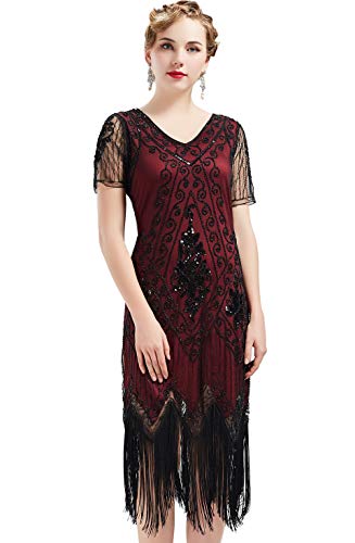 ArtiDeco - Vestido de mujer estilo años 20 con mangas cortas, disfraz de Gatsby para fiestas temáticas rojo/negro XXL