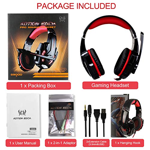 Auriculares Gaming PS4, Galopar Cascos Gaming, Premium Stereo con Microfono Gaming Headset con 3.5mm Jack para PC/Xbox One/Móvil - con Gancho y 2 x Cable de Extensión-Rojo