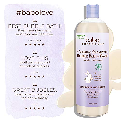 Babo Botanicals Natural Lavanda Meadowsweet 3 en 1 Baby Bubble Bath Shampoo Wash - Sin sulfato, 15 onzas