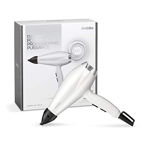 BaByliss 6704WE Secador de pelo, motor AC 2000W, 2 velocidades y temperaturas, aire frío, incluye boquilla estrecha 6mm, filtro trasero desmontable, cable profesional 2.8 m, peso ligero 455 g, blanco