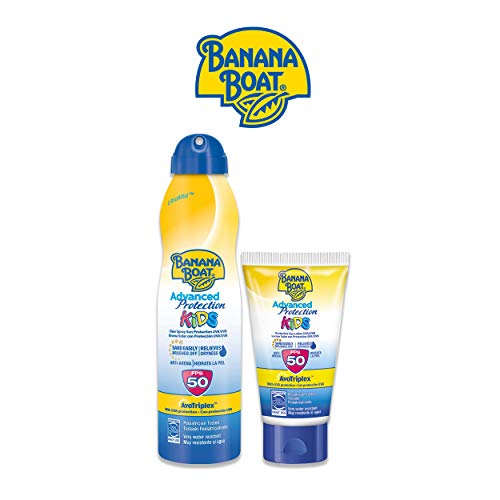 Banana Boat KIDS Pack Duo SPF 50 - Kit de Crema Solar Niños, Spray de 220 ml + Mini Crema Solar Niños, Loción de 60 ml, Amarillo