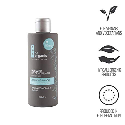 Be Organic - Leche limpiadora con goji y bayas acai, 200 ml – desmaquillador natural suave e impermeable, añade vitalidad a tu piel. 99% ingredientes de origen natural Vegana, hipoalergénica.