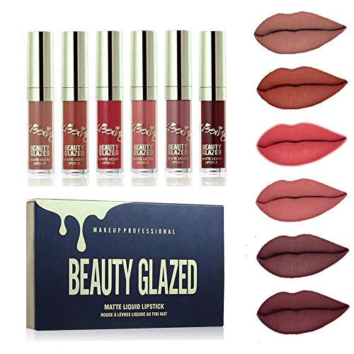 Beauty Glazed 6PCS Sexy Mate Brillo Labial, Lápiz Labial Líquido de larga Duración Hidratante Impermeable, Maquillaje Profesional para Bálsamo Labial