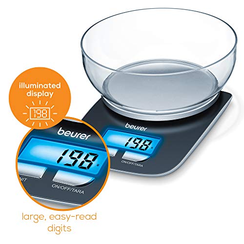 Beurer KS 25 Balanza de cocina con bol transparente, función auto-tara, 3 kg/1 gr, pantalla LCD azul (6.6 x 2.8 cm), altura pantalla 2.2 cm, color negro plata