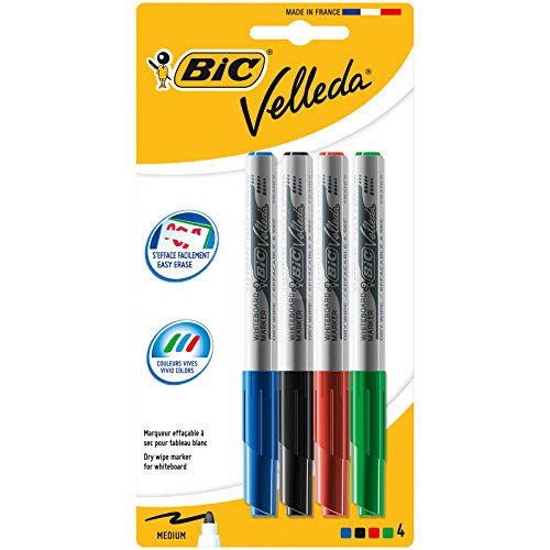 BIC Velleda 1741 - Blíster de 4 unidades, marcadores de pizarra punta media (4,5 mm), colores surtidos