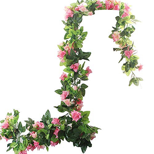 BlueXP 2 Unidades 230cm Guirnalda de Rosas Artificiales con Hojas Verdes Hiedra de Seda Plantas Colgantes para Colgar Decoración Boda Arco Cercas Hogar Navidad Interior Partido-Rosa