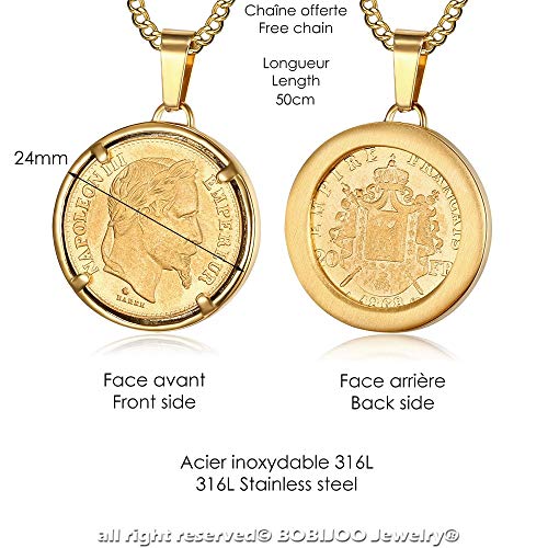 BOBIJOO JEWELRY - Colgante Moneda de 20 Francos de Napoleón III Tête Laurée Louis de Acero Chapado en Oro Collar de Cadena de 1868