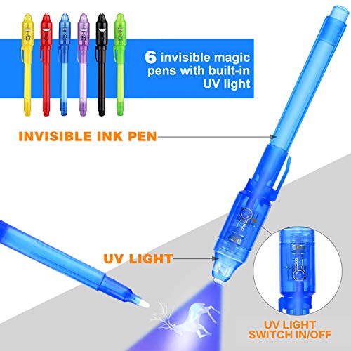 Bolígrafo de Tinta Invisible lápiz espía con rotulador mágico de luz UV para Mensajes Secretos y Fiestas para Cumpleaños Infantiles Festival de Música Fiesta … (6 Bolígrafos)